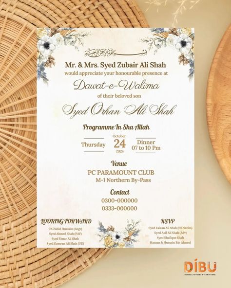 Celebrate love and new beginnings with our beautifully crafted Walima Invitation E-Card. Featuring delicate floral elements and a refined, traditional script, this card is perfect for your special day. Personalize it for your event and impress your guests with style and grace. DM for details and custom orders ✨️ #receptioncards #ecardsforyou #walimainvites #invitationcards #ecards Walima Invitation Card, Reception Card, Celebrate Love, Floral Elements, E Card, Style And Grace, Invitation Card, New Beginnings, Invitation Cards