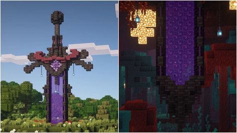 How to make a Nether portal sword in Minecraft Nether Portal Design, Minecraft Overworld, Minecraft Portal, Nether Portal, Portal Design, Minecraft Images, Material Ideas, Minecraft Tips, Mugs Ceramic