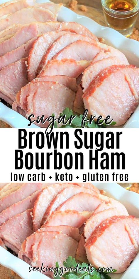 Sugar Free brown sugar bourbon glazed ham is the perfect low carb and keto ham for any holiday. Only 5 ingredients, this brown sugar bourbon-glazed ham is a sugar-free recipe. This low carb baked ham is super easy to make and will be the star dish at your next holiday dinner! #ham #easter #holidays #christmas #bakedham #lowcarb #keto #glazedham #hamrecipe #sugarfree Bourbon Ham, Bourbon Glazed Ham, Ham Christmas, Sugar Free Recipe, Ham Glaze Brown Sugar, Spiral Sliced Ham, Bourbon Glaze, Glazed Ham, Easy Holiday Recipes