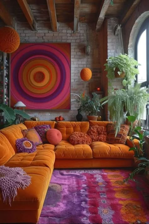 Groovy Hangout Room, Colorful Vintage Living Room, Orange Sofa Decor Ideas, 70s Decor Living Room, Mobile Bookstore, 70s Sofa, 70s Lounge, Living Room 70s, Funky Interior Design