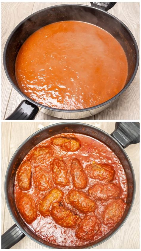 Traditional Soutzoukakia recipe (Greek baked Meatballs in tomato sauce) - My Greek Dish Tomato Balls Greek, Turkish Tomato Sauce, Greek Meatballs In Tomato Sauce, Greek Tomato Sauce, Soutzoukakia Greek Meatballs, Soutzoukakia Recipe, Tomato Sauce Recipe Dishes, Greek Dishes Traditional, Greek Food Recipes Authentic