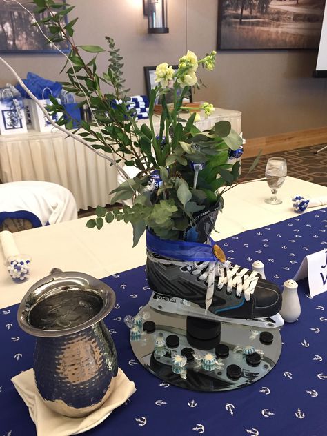 Hazeltine Blog: Sports Banquet Centerpieces.  Hockey, softball, baseball, football, soccer, basketball. Hockey Centerpieces, Sports Banquet Centerpieces, Hockey Banquet, Sports Centerpieces, Hockey Wedding, Soccer Banquet, Hockey Crafts, Hockey Nets, Banquet Centerpieces