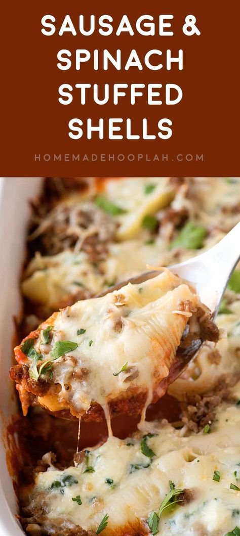 Sausage & Spinach Stuffed Shells! Jumbo pasta shells stuffed with a mix of ricotta, mozzarella, and spinach that's topped with crumbled sausage and cheese and baked on a bed of pasta sauce. #sponsored #SimmeredinTradition #Ragu | HomemadeHooplah.com Seafood Mix Pasta, Pasta Stuffed Shells, Pasta Shells Stuffed, Shells Stuffed, Shell Pasta Recipes, Spinach Stuffed Shells, Sausage Spinach, Jumbo Pasta Shells, Seafood Mix