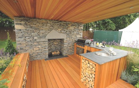 Cedar is a great choice for building the Outdoor Kitchen and Fireplace of your dreams! Durable, sustainable, not to mention beautiful! Western Red Cedar Cladding, Kitchen Porch, Cedar Cladding, Backyard Seating, Outdoor Living Rooms, Backyard Pergola, Outdoor Kitchen Design, Western Red Cedar, Outdoor Fireplace