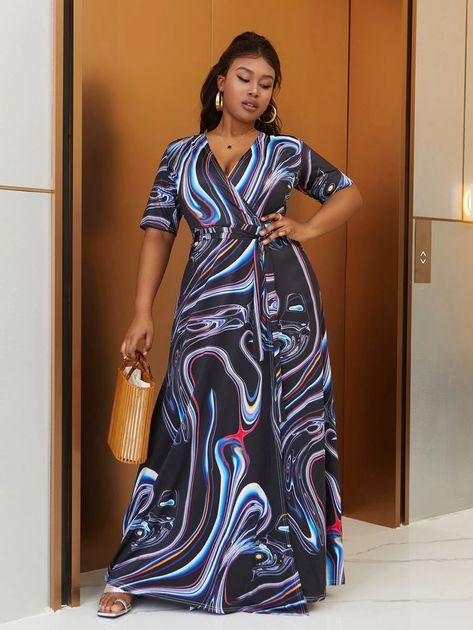 Plus Swirl Print Overlap Collar Wrap Hem Belted Dress | SHEIN USA Long Dress With Belt, Style Long Dress, Sheer Jumpsuit, Wrap Maxi Dress, Dress With Belt, Marble Print, Maxi Wrap Dress, Long Dresses, Plus Size Casual