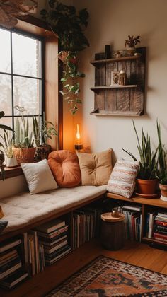 Mini Library Corner Ideas, Nooks Decor Ideas, Window Nook Furniture, Small Corner Book Nook Ideas, Den Designs Ideas Cozy, Curtain Shelf Ideas, Sitting Nook Ideas Cozy Corner, Boho Breakfast Nook Corner, Alcove Space Ideas