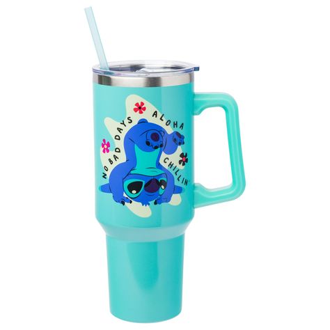 PRICES MAY VARY. LILO AND STITCH: Join Stitch with this double-walled stainless steel travel tumbler that holds 40oz. Designed in a bright blue background, it features Stitch doing a handstand with the text “Aloha” ‘No Bad Days” and “Chillin’.” It includes a secure sliding lid and straw to stay hydrated on the go. It can even fit in your standard-size cup holder! KEEP DRINKS AT THEIR TEMPERATURE: This double-wall vacuum insulated stainless steel water bottle keeps liquids hot up to 4 hours and c Stitch Items, Disney Acrylic Nails, Stitch Backpack, Disney Cups, Stitch Toy, Never Never, Stitch Clothes, Disney Kitchen, No Bad Days