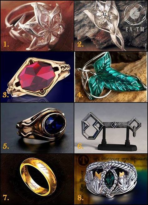 1-Nenya, Galadriel's Ring  2-Evenstar necklace Arwen  3-Narya, ring of Gandalf 4 Brooch of Lothlórien  5 Ring of Elrond Vilya 6 Key of Erebor  7 Ring to rule them all 8 Anel of Barahir ~ Aragorn Ring Of Barahir, Lord Of The Rings Rings, Earth Rings, Lord Of Rings, Small Ring, 7 Ring, Power Ring, Fellowship Of The Ring, Jrr Tolkien