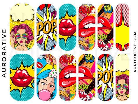 Pop Nail Art, Nail Art Box, Pop Art Nails, Nails Length, Pop Art Retro, Long Extensions, Girl Decals, Retro Nails, Trendy Nail Art Designs