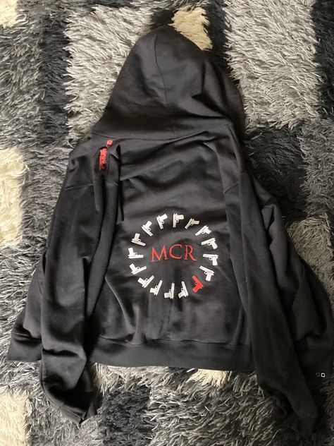 when my chemical romance.. My Chemical Romance Merch Jackets, Mcr Merch, My Chemical Romance Hoodie, Fire Hoodie, Emo Fashion, Band Merch, Goth Outfits, My Chemical Romance, Diy Clothes