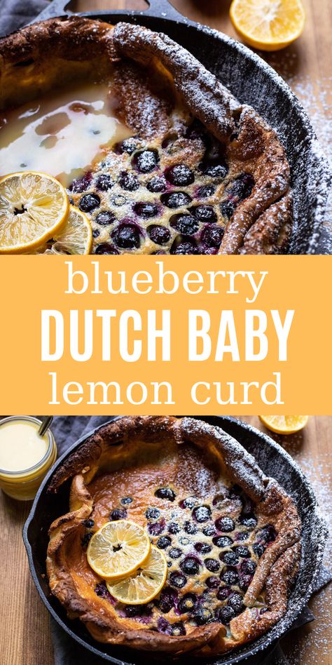 A puffy buttery blueberry dutch baby pancake. Total perfection and totally addicting. Pair it with some homemade lemon curd for an even more special treat. You'll never want to eat a regular pancake again! #pancake #dutchbaby Lemon Blueberry Dutch Baby, Blueberry Dutch Baby, Dutch Babies, Pumpkin Cobbler, Baby Recipe, Dutch Baby Recipe, Recipe With Lemon, Crumb Recipe, Brunch Items