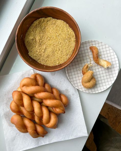 Korean Donut (Kwabegi) | Bengingi Korean Donut, Raw Pistachios, Pasture Raised Eggs, Korean Cooking, Cinnamon Milk, Cinnamon Powder, Dough Balls, Big Bowl, Green Gems