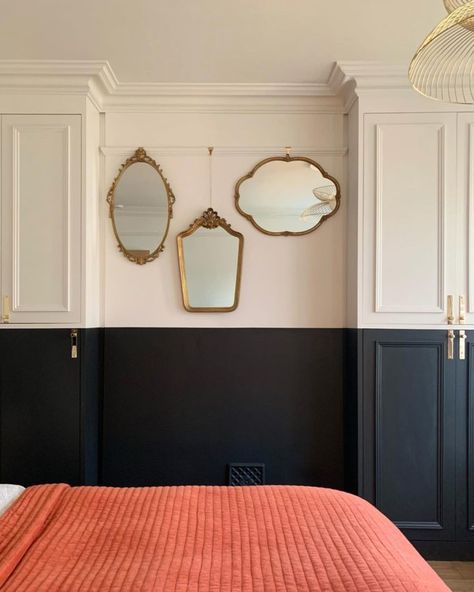 The Best Two-Tone Wall Colors Examples Half Color Wall, Wes Anderson Office, 2 Tone Wall Paint Ideas, Wall Paint Ideas Bedroom, Rust Bedroom Ideas, Chair Rail Paint Ideas, Eclectic Modern Home, Two Tone Wall, Rust Bedroom