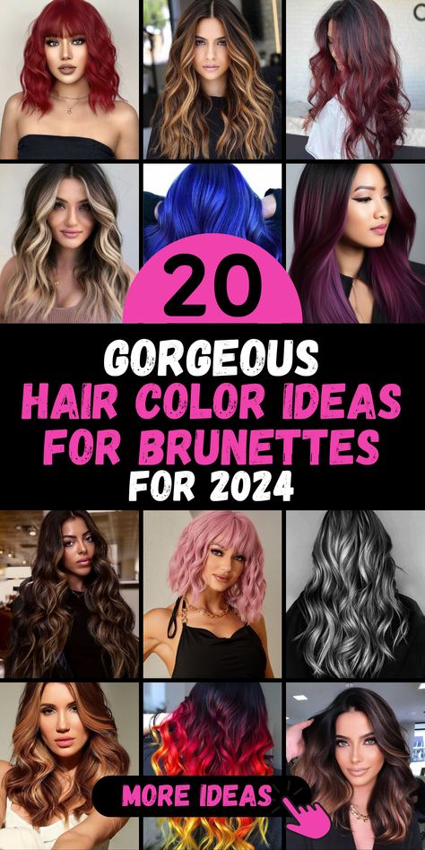 Unlock the potential of your brunette hair with "20 Hair Color Ideas for Brunettes in 2024." Our guide includes a variety of options, from highlights that brighten your look to balayage that adds depth and character. Whether you're seeking a short and chic style or a long and bold transformation, these hair color ideas allow you to express your unique beauty in 2024. Explore the collection and find the perfect shade to match your individuality. Hair Color Ideas For 40+, Drastic Hair Change Ideas Brunettes, Fun Hair Colours For Brunettes, Hair Colors For 2024 Summer, Long Hair Colour Ideas Color Trends, Hair Colour Summer 2024, Color For Brunettes With Gray, Rainbow Hair Color Ideas For Brunettes, Hair Color Ideas For Women In 30s