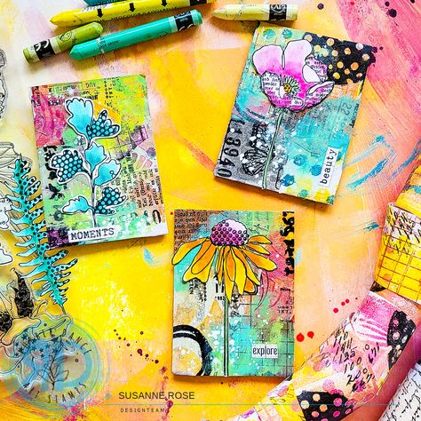 Artist Trading Cards on Cardboard with Doodle Flowers – Rubber Dance Art Stamps Blog Trading Card Ideas, Mixed Media Backgrounds, Doodle Flowers, Mixed Media Art Techniques, Art Trading Cards, Distress Crayons, Tape Art, August 1st, 1 August