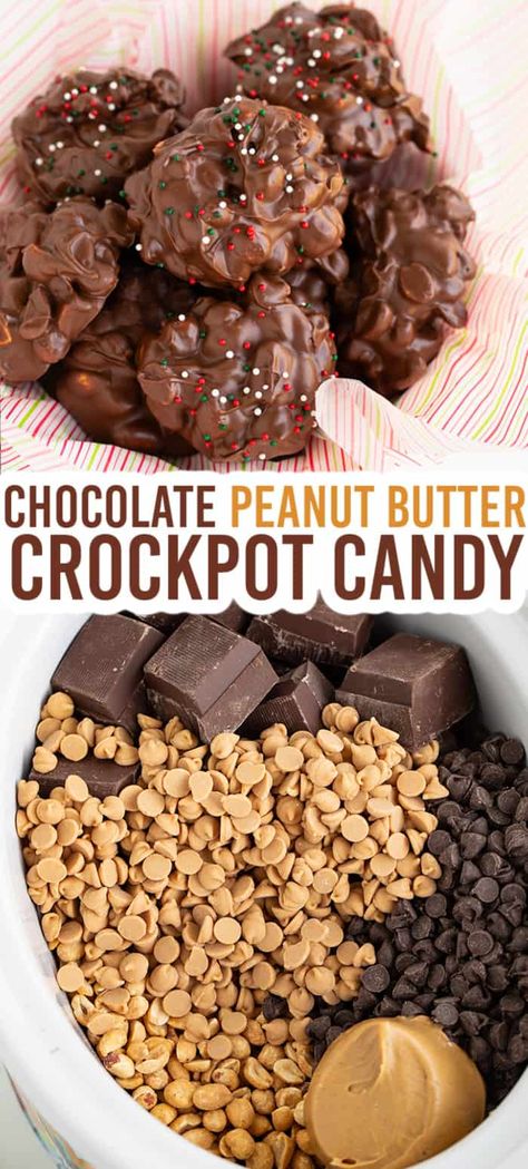 Crockpot Candy Recipe - This Chocolate Peanut Butter Crockpot Candy are delicious peanut clutters that are wrapped in creamy peanut butter, milk chocolate, and peanut butter chips. They're made in the slow cooker and are scooped onto wax paper to harden. Sprinkle with Christmas sprinkles for the perfect Christmas candy! #candy #christmas #cookiedoughandovenmitt #dessertrecipes Crockpot Cookies Christmas, Andies Candies Chocolate Cookies, Crockpot Peanut Brittle, Crockpot Christmas Desserts, Crockpot Candy Recipes Christmas, Crockpot Christmas Dinner, Crockpot Candies, Christmas Candy Recipes Homemade, Crockpot Christmas Recipes