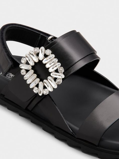 Slidy Viv' Sandals in leather Black Woman RVW45835270BSS40MB999 | Roger Vivier Buckled Heels, Roger Vivier, White Ribbon, Mules Shoes, Strap Heels, The Collection, Casual Style, Black Women, Buckle