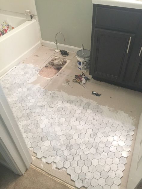 Guest Bathroom Update #3: How To Install Backer Board and Mosaic Marble Floor Tile - Live Pretty on a Penny Guest Bathroom Update, Mosaic Marble Floor, Penny Tiles Bathroom, Mosaic Marble, Guest Bathroom Remodel, Marble Tile Floor, Hall Bathroom, Backer Board, Bathroom Remodel Designs