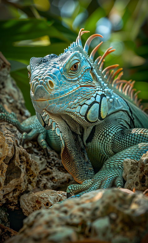 Basking in the Caribbean sun, this blue-green iguana finds serene repose amidst the jungle's rocky embrace. Grand Cayman Blue Iguana, Iguana Photography, Amphibians Animals, Turtle Tattoo Designs, Green Iguana, Wild Animals Pictures, Pix Art, Lots Of Cats, Wildlife Photos