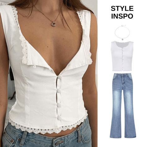 Comment LINK for the direct link sent to your inbox! POV: When you can't find something for daily......⁠ We have prepared for you! Chic white top + classic denim jeans I mean you can always trust them! White Lace Trim Button Front Tank Top WASHED VINTAGE BLUE VERSATILE BOYFRIEND JEANS RHINESTONE EDGE HEART PENDANT NECKLACE #anotherchill #fyp #summeroutfit #outfitinspo #outfitofthe day #ootd #outfitideas #style #styleinspo #denim #jeans #bluejeans White Denim Everyday Top, Fitted Vintage Denim Top With Buttons, Fitted Vintage Button-up Denim Top, Vintage Medium Wash Denim Top With Button Closure, Vintage Light Wash Button-up Denim Top, Heart Pendant Necklace, White Tops, Boyfriend Jeans, White Lace