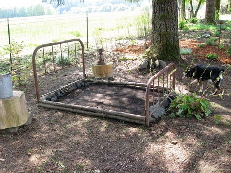 Flower Bed With Bed Frame, Bed Frame Flower Garden, Bungalow Landscape, Vintage Beds, Backyard Planters, Unusual Planter, Gardening Tricks, Old Bed Frames, Iron Beds