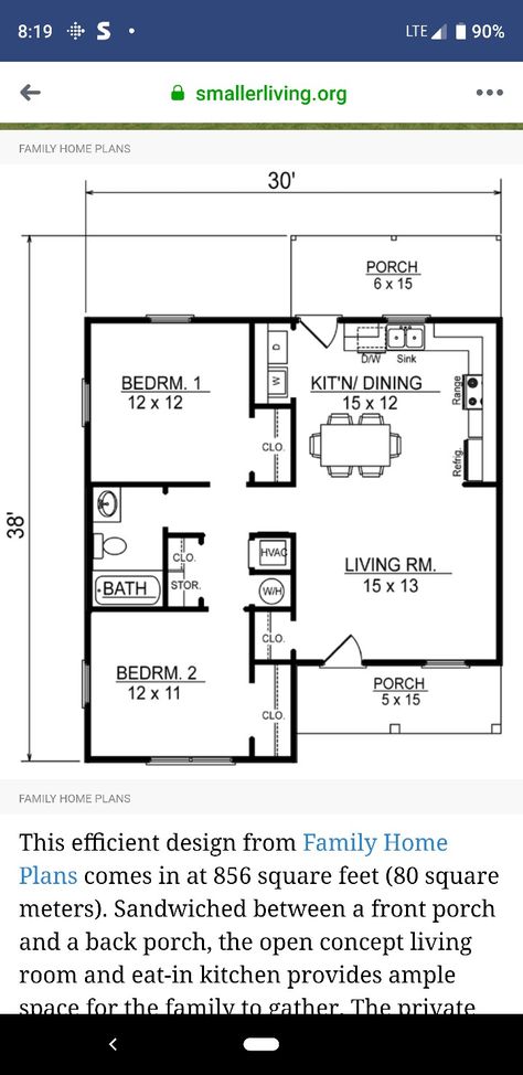 Square up to 30 x 32 (without porches) maybe bedroom 2 smaller to make br 1 bigger Family House Plans, Tiny House Plans, Tiny House, House Plans, Home And Family, Porch, Floor Plans, How To Plan, Bedroom