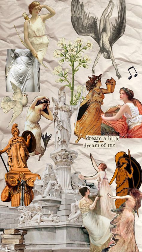 Ancient Greece Moodboard, Pandora Painting, Greek Core, Painting Moodboard, Ancient Greece Architecture, Greece History, Greece Architecture, Moodboard Collage, Interesting Architecture