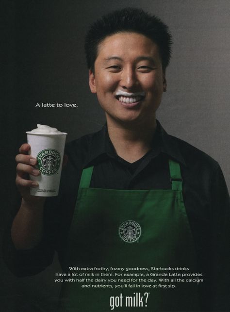 Got Milk? ~ Starbucks' Young Han Starbucks Ads, Starbucks History, Got Milk Ads, Milk Ads, Milk Mustache, Coffee Advertisement, Tetley Tea, Tazo Tea, Starbucks Advertising