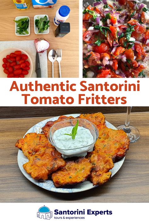 Greek recipes | Greek Cooking | Santorini tomato fritters Santorini Tomato Fritters, Tomato Fritters Santorini, Greek Tomato Fritters, Tomatokeftedes Recipe, Tomato Fritters, Greek Appetizers, Greek Dinners, Fritters Recipe, Fritter Recipes