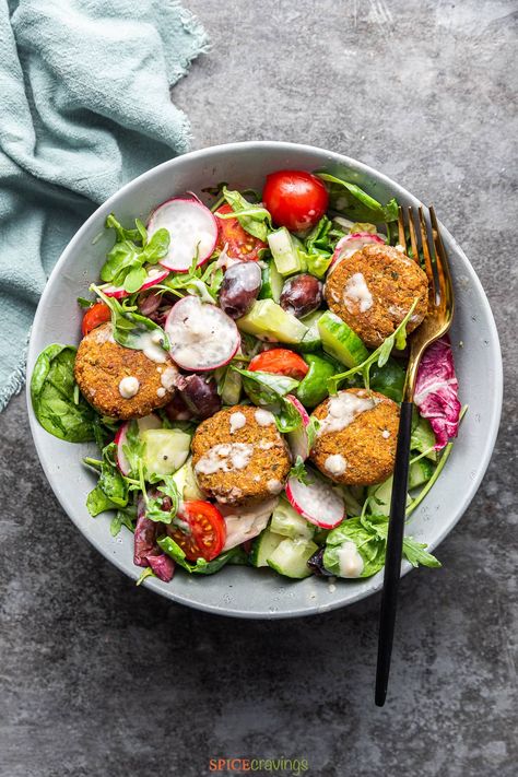 Easy and nutritious recipe for Falafel Salad tossed in homemade lemon tahini dressing. Enjoy this gluten-free, vegan, vegetarian, and meal-prep-friendly recipe. #falafelsalad #saladrecipes Thai Crunch Salad, Falafel Mix, Baked Coconut Shrimp, Falafel Salad, Falafel Recipe, Lemon Tahini Dressing, Dry Chickpeas, Salad Toppings, Spring Salad