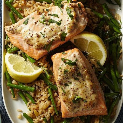 Dijon Salmon with Green Bean Pilaf Dijon Salmon, Mediterranean Diet Meal Plan, Bbq Shrimp, Seafood Entrees, Alaskan Salmon, Mediterranean Diet Plan, Salmon Dishes, Pescatarian Recipes, Dash Diet