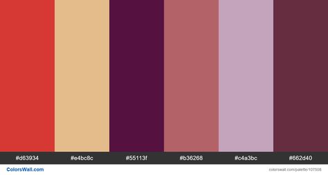 Download valentine photoshop day colors palette #d63934, #e4bc8c, #55113f, #b36268, #c4a3bc, #662d40 Brand original color codes, colors palette. Colors Palette, Color Codes, Hex Colors, Brand Colors, Choose Colors, Rainbow Colors, Color Coding, Color Palette, Color Design