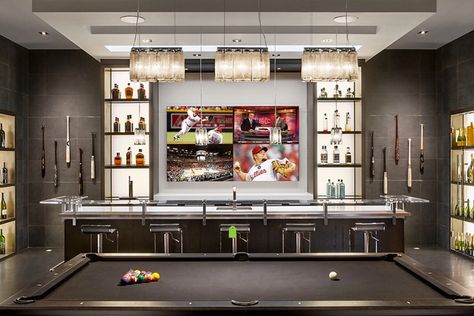 Basement Sports Bar Ideas, Modern Man Cave Ideas, Basement Bar Design Ideas, Poker Room Ideas, Basement Kitchen Bar, Game Room And Bar, Bar With Tv, Contemporary Home Bar Designs, Media Room Bar