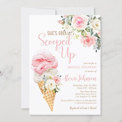 She's Been Scooped Up Bridal Shower Invitation  Zazzle Up Bridal Shower Theme, Scooped Up Bridal Shower Theme, Ice Cream Pink, Floral Ice, Bridal Theme, White Bridal Shower, Wedding Anniversary Invitations, Bridal Shower Theme, Bridal Shower Invitation