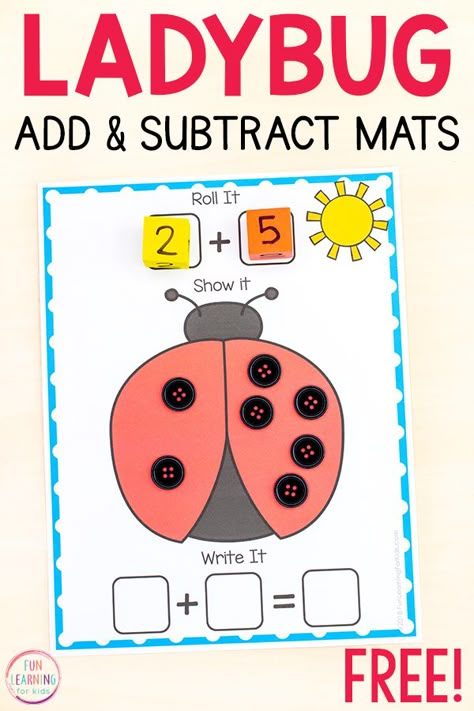 Ladybug Addition, Spring Math Kindergarten, Spring Math Activities, Free Printables For Kids, Subtraction Kindergarten, Insects Preschool, Decomposing Numbers, Insect Activities, Addition Kindergarten