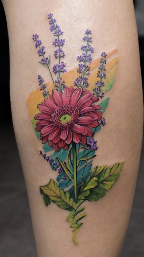 Zenia Flower Tattoo, Colour Daisy Tattoo, Gerber Daisy And Butterfly Tattoo, Gerber Daisy Tattoo Color, Coloured Daisy Tattoo, Colourful Daisy Tattoo, Daisy Color Tattoo, Zinnia Tattoo, Bright Tattoos For Women