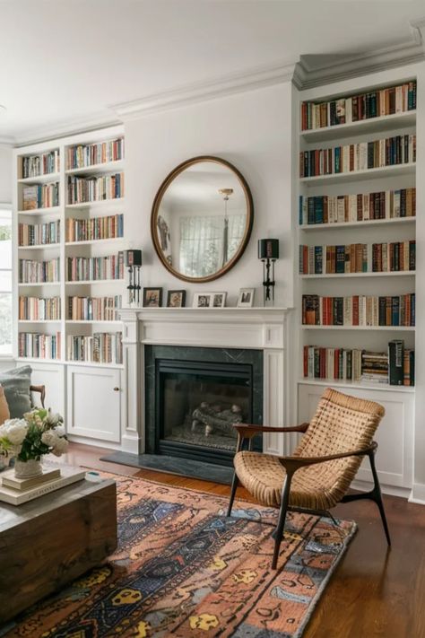 17 Fireplace Built-In Ideas That Don’t Suck Fireplace With Bookcase On One Side, Diy Living Room Fireplace Built Ins, Cupboards Either Side Of Fireplace, Benches Beside Fireplace, Fireplace With Bookshelf On One Side, One Sided Built In Fireplace, Victorian Electric Fireplace, Built In Shelves Beside Fireplace, Bookcase Fireplace Wall Built Ins