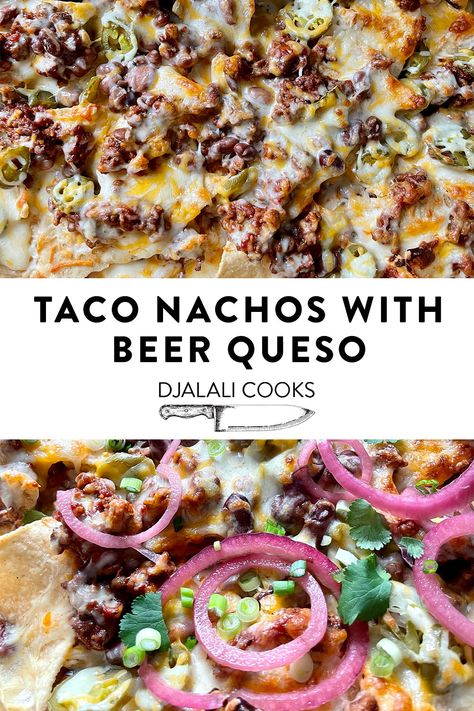 Beer Cheese Nachos, Roast Beef Nachos, Beer Queso, Beef With Tomatoes, Queso Recipe Easy, Taco Nachos, Ground Beef Nachos, Cheese Nachos, Sheet Pan Nachos