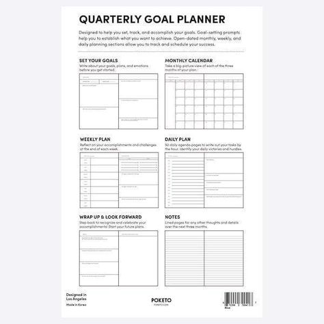 A quarter is an ideal amount of time for setting and accomplishing goals. It's long enough to really see results, but short enough to keep up momentum and motivation. Whether you want to accomplish something professionally, creatively, or personally, the planner has been designed to help you set your goals and track them. Answer the prompts to get ideas flowing and use the open-dated calendar pages to make sure you're on track. And don't forget to celebrate your successes! 241 pages of open-date Quarterly Planner, Accomplishing Goals, Footer Design, Modern Stationery, Milk Shop, Goal Planner, Set Your Goals, Planner Set, Goal Planning