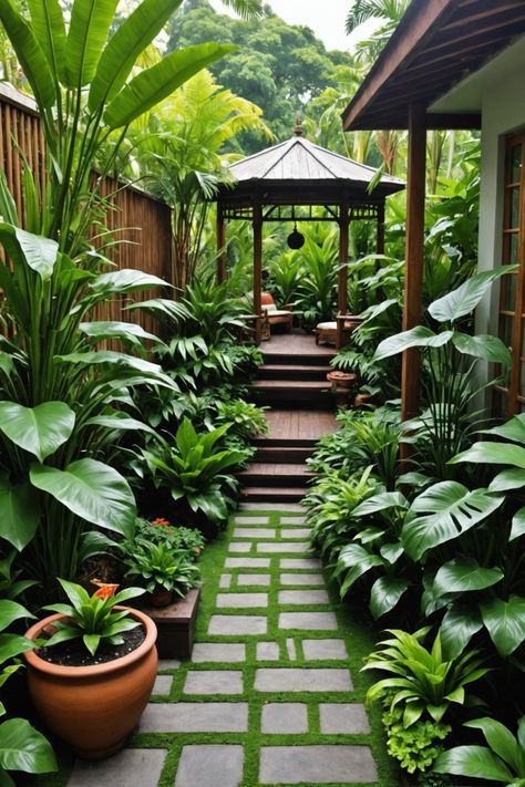 Pocket Garden Small Spaces, Small Tropical Garden Design, Alleyway Garden, Tiny Yard, Forest Sanctuary, Bohemian Style Living Room, Small Tropical Gardens, Bohemian Style Living, Balinese Garden