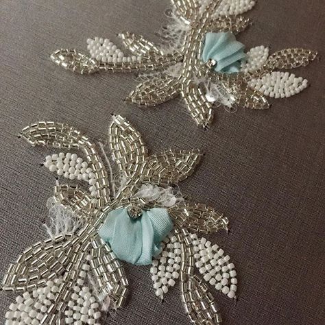 Working with colour is become addictive!! #haute #couture #embroidery #bridesmaids #dress #wedding #weddingdress #soft #blue #silk #ribbon #flowersofinstagram #handmade #art #artisan Kardana Work Embroidery, Beadwork Embroidery Dresses, Kardana Work, Blue Silk Ribbon, Embroidery Dress Pattern, Tambour Beading, Haute Couture Embroidery, Embroidery Dresses, Zardozi Embroidery