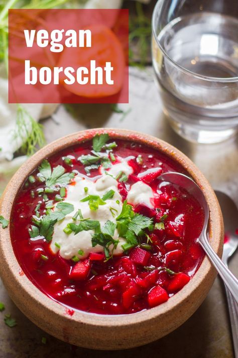 This vegan borscht is the cozy, healthy, guaranteed to warm you up soup you need in your life! Made with vibrant beets, hearty veggies and flavored with zippy lemon juice and dill...vibrant, vegetarian, and naturally gluten-free! Cozy up with a bowl for dinner tonight! #veganrecipes #borscht #beets #meatlessmonday Vegan Borscht, Vegetarian Borscht, Dinner Tonight Healthy, Borscht Soup, Healthy Vegan Dinner Recipes, Plant Based Soups, Healthy Vegan Dinner, Beet Soup, Vegan Soups