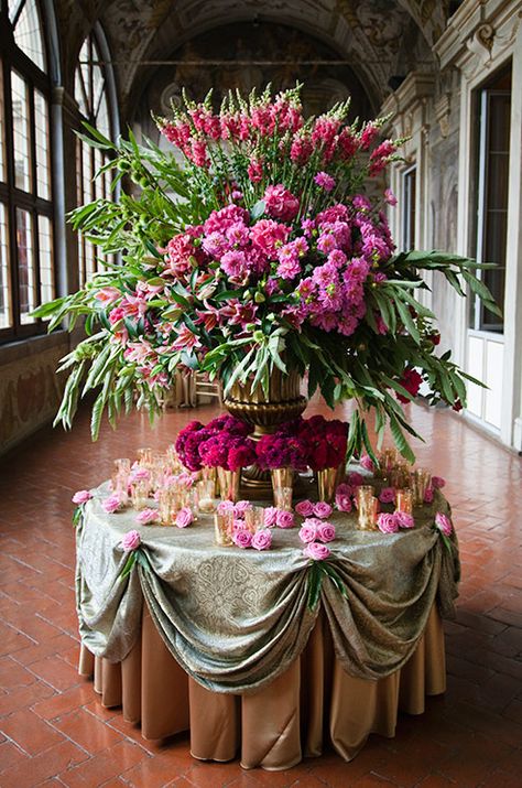 A fantastic floral arrangement of pink blooms and various greens compliments small gold vases at the base.  www.stylebyjasmine.blogspot.com www.pinterest.com/stylebyjaz Decorate Pumpkins, Large Floral Arrangements, Engagement Celebration, Beautiful Flower Arrangements, Table Arrangements, Fall Decorations, Christmas Inspiration, Reception Decorations, Ikebana