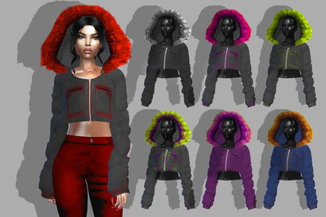 Sims 4 Tsr, Sims 4 Black Hair, Cc Mods, Sims 4 Game Mods, Fur Top, Fur Hood Jacket, Jacket With Fur, Fur Hoodie, Alpha Female