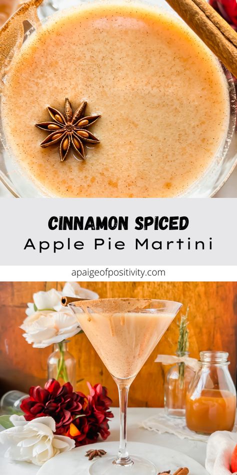 This Apple Pie Martini is a fall spiced cocktail with an apple cider base, caramel vodka, caramel creamer and cinnamon, too. When shaken with ice, you get a chilled, creamy autumn cocktail you’ll want to sip on all season long. Apple Cider Martini Vodka, Thanksgiving Martini, Apple Pie Drink Alcohol, Vodka Caramel, Apple Pie Martini, Apple Pie Vodka, Caramel Creamer, Apple Pie Drink, Apple Cider Martini