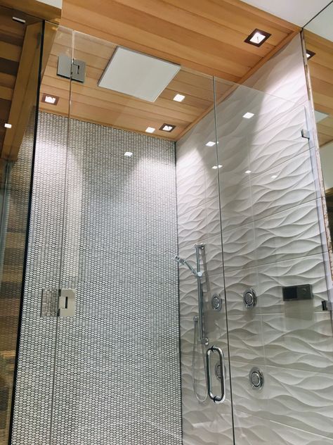 Custom 9’ ceiling rain shower with smart technology Rain Fall Shower Bathroom, Cedar Shower Ceiling, Rainhead Shower Head From Ceiling, Teak Shower Ceiling, Wood Shower Ceiling, Tiled Shower Ceiling, Shower Ceiling Ideas, Ceiling Rain Shower Head, Rain Shower Head Ceiling