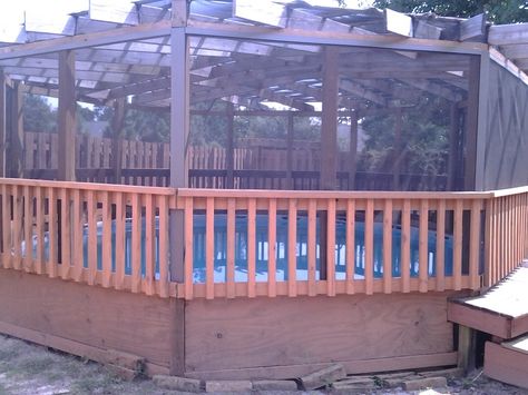 screened in above ground pools enclosure | Above Ground Pool Gazebo - by woody1492 @ LumberJocks.com ... Screened In Above Ground Pool, Diy Pool Screen Enclosure, Above Ground Pool Screen Enclosure, Above Ground Pool Enclosure Ideas, Above Ground Pools With Decks, Pools With Decks, Pool Screen Enclosure, Pool Canopy, Pool Screen