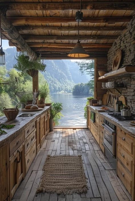 Kitchen Remake, Medieval Theme, Lakeside Cottage, Cabin Kitchens, Rustic Home Design, Room Goals, Country Scenes, Fantasy House, Fireplace Ideas