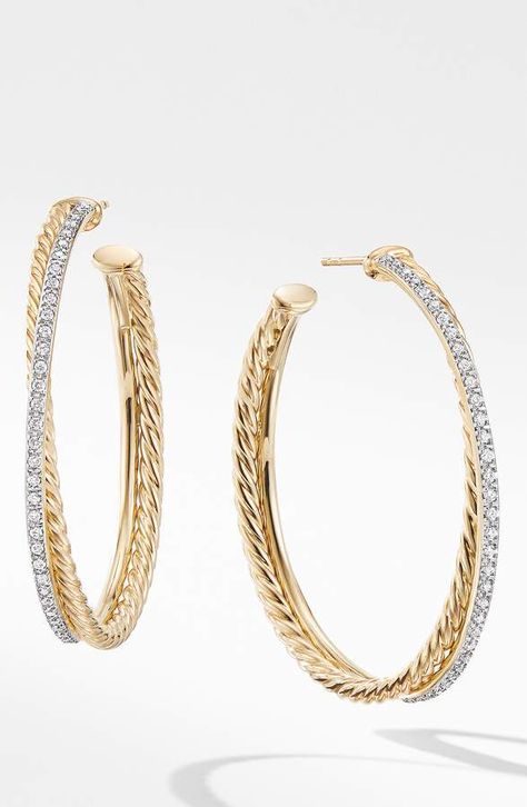 David Yurman Extra Large Crossover Hoop Earrings with Diamonds Diamond Hoop Earrings Large, Hoop Earrings With Diamonds, Hoop Earring Outfit, Hoop Earrings Large, Gold Diamond Hoop Earrings, Art Jewelry Design, Hoop Earrings Style, Peoples Jewellers, David Yurman Jewelry