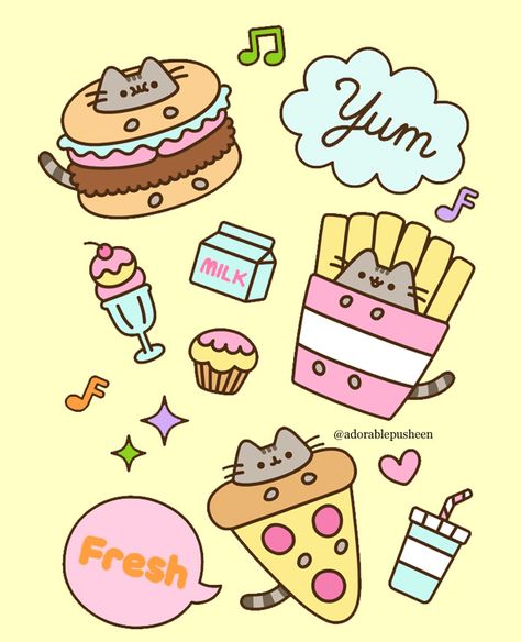 Bright and happy Pusheen food wallpaper Pusheen Room, Pusheen Stuff, Pusheen Wallpaper, Pusheen Birthday, Pusheen Love, Pusheen Plush, Doctor Whooves, Pusheen Cute, Wallpaper Cat